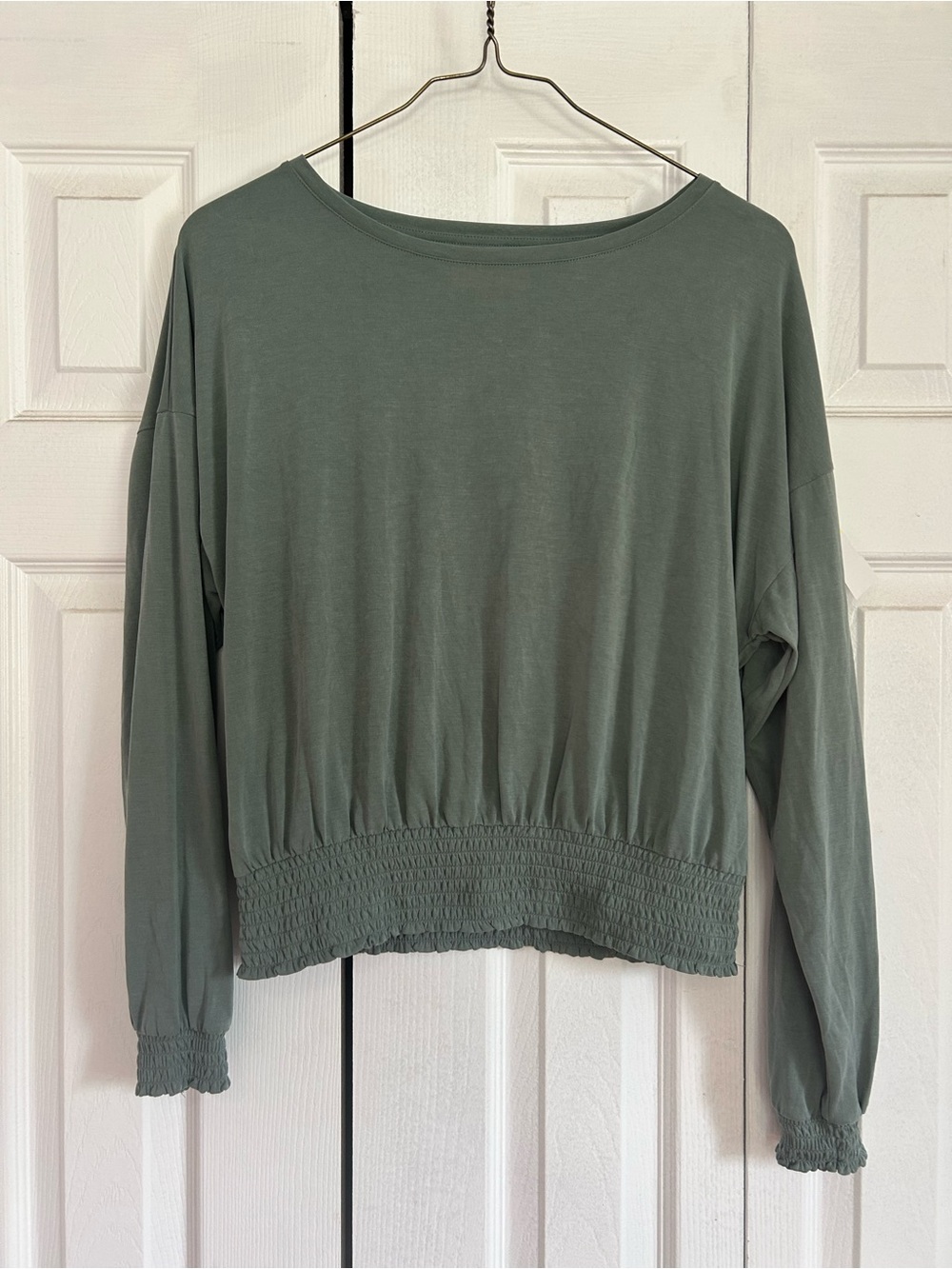 Lucky Brand Sage Green Long-Sleeve Smocked-Hem Top